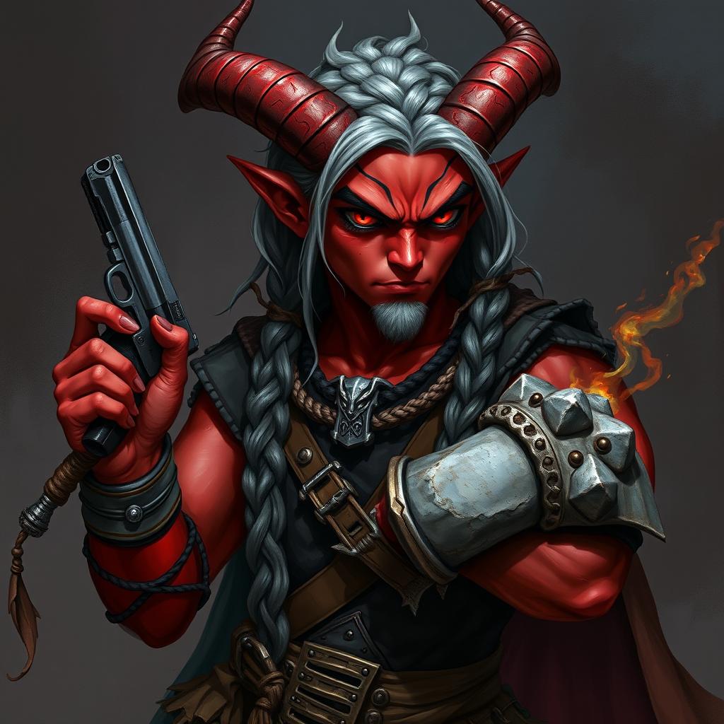 Gumong Steamfire, a tiefling standing at 175 cm tall, characterized by his striking red skin and gray hair intricately braided