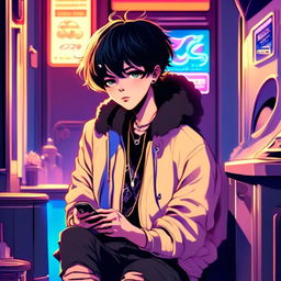 Anime art of an emo boy vaping and checking his phone at an old-fashioned laundromat under blue neon lights.