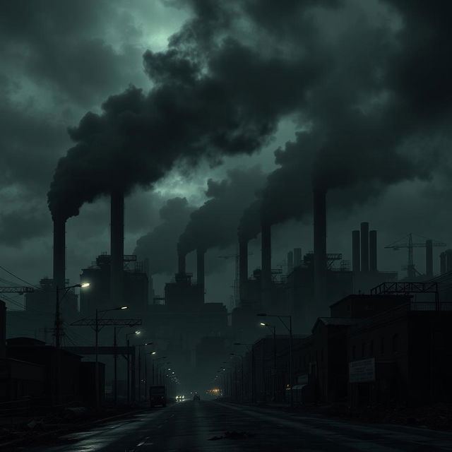 A dark, polluted cityscape dominated by industrial structures, with smokestacks emitting thick black smoke into a gloomy sky