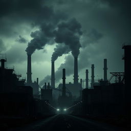 A dark, polluted cityscape dominated by industrial structures, with smokestacks emitting thick black smoke into a gloomy sky