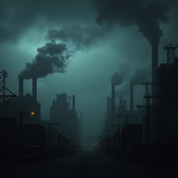 A dark, polluted cityscape dominated by industrial structures, with smokestacks emitting thick black smoke into a gloomy sky