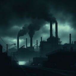 A dark, polluted cityscape dominated by industrial structures, with smokestacks emitting thick black smoke into a gloomy sky