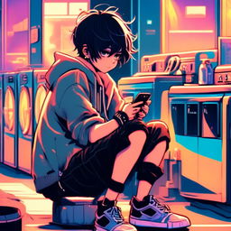 Anime art of an emo boy vaping and checking his phone at an old-fashioned laundromat under blue neon lights.