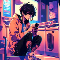 Anime art of an emo boy vaping and checking his phone at an old-fashioned laundromat under blue neon lights.