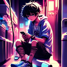 Anime art of an emo boy vaping and checking his phone at an old-fashioned laundromat under blue neon lights.