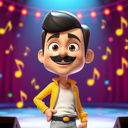 A lively 3D illustration of a character inspired by Freddie Mercury, designed in the playful and colorful style of Pixar animation