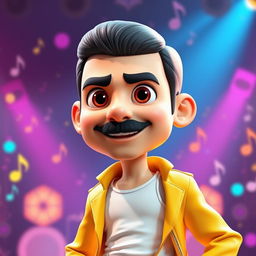 A lively 3D illustration of a character inspired by Freddie Mercury, designed in the playful and colorful style of Pixar animation