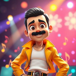 A lively 3D illustration of a character inspired by Freddie Mercury, designed in the playful and colorful style of Pixar animation