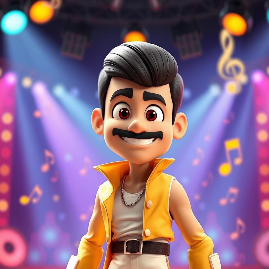 A lively 3D illustration of a character inspired by Freddie Mercury, designed in the playful and colorful style of Pixar animation