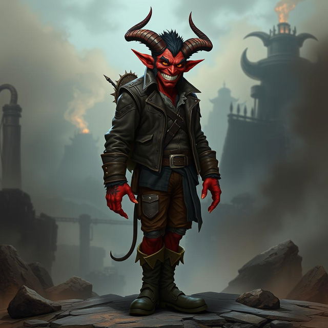 A tiefling character named Gumong Steamfire, featuring distinct tiefling traits such as red skin, curved horns, and a mischievous grin