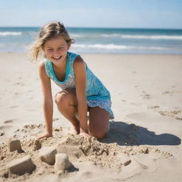 A joyful 10-year-old girl playing on a sunny beach, her laughter echoing as she builds sandcastles.