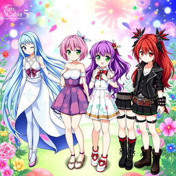 Four beautiful anime-styled waifus, each featuring an enchanting and colorful design
