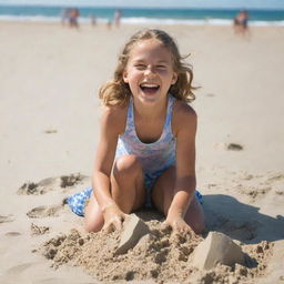 A joyful 10-year-old girl playing on a sunny beach, her laughter echoing as she builds sandcastles.