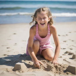 A joyful 10-year-old girl playing on a sunny beach, her laughter echoing as she builds sandcastles.