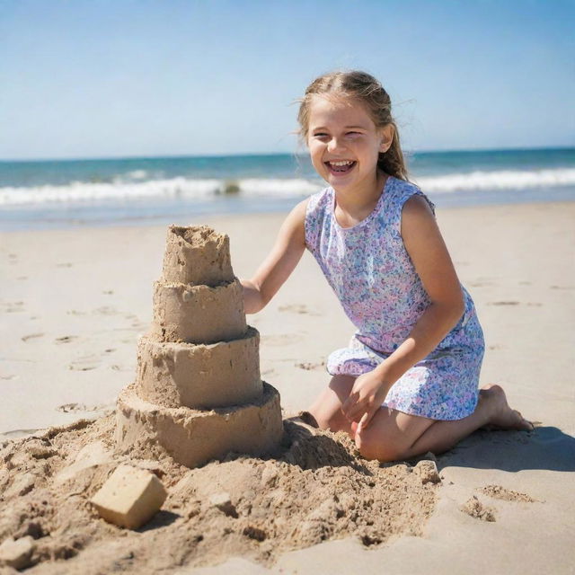 A joyful 10-year-old girl playing on a sunny beach, her laughter echoing as she builds sandcastles.