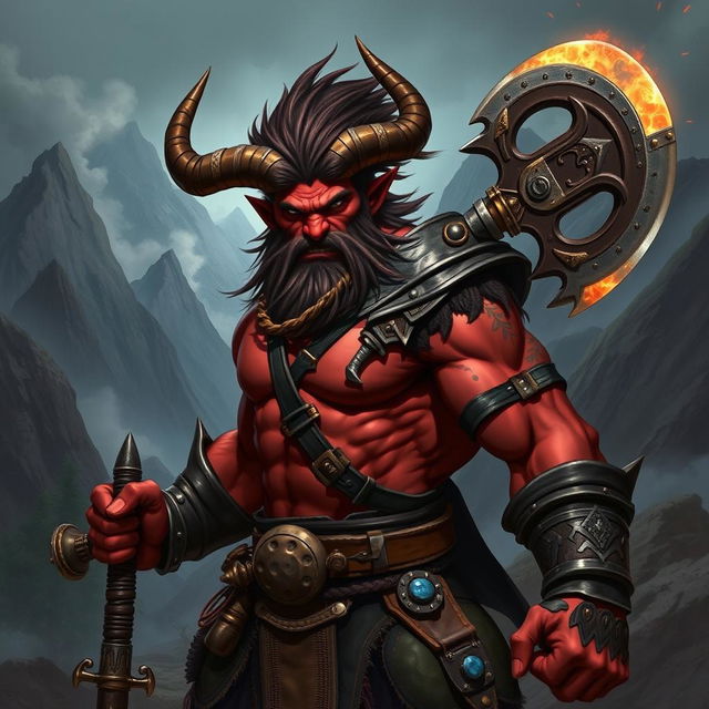 A tiefling barbarian named Gumong Steamfire, characterized by his vibrant red skin, impressive curved horns, and a fierce expression that reflects his warrior spirit