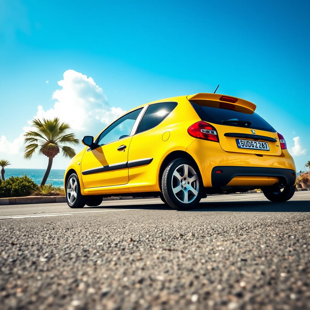 A vibrant yellow Peugeot 106 Sport parked on a scenic coastal road, capturing the essence of a sunny day