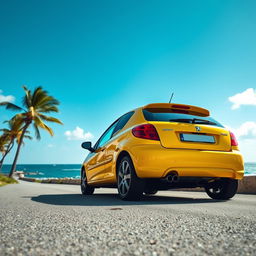 A vibrant yellow Peugeot 106 Sport parked on a scenic coastal road, capturing the essence of a sunny day