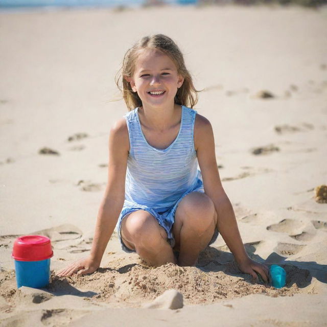 A cheerful 10-year-old girl enjoying herself on a sunny beach, sand between her toes, building sandcastles.