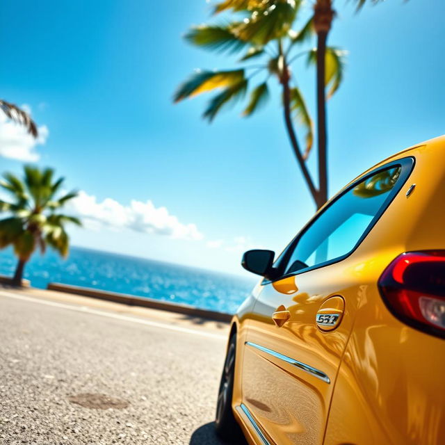 A vibrant yellow Peugeot 106 Sport parked on a scenic coastal road, capturing the essence of a sunny day