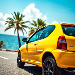 A vibrant yellow Peugeot 106 Sport parked on a scenic coastal road, capturing the essence of a sunny day