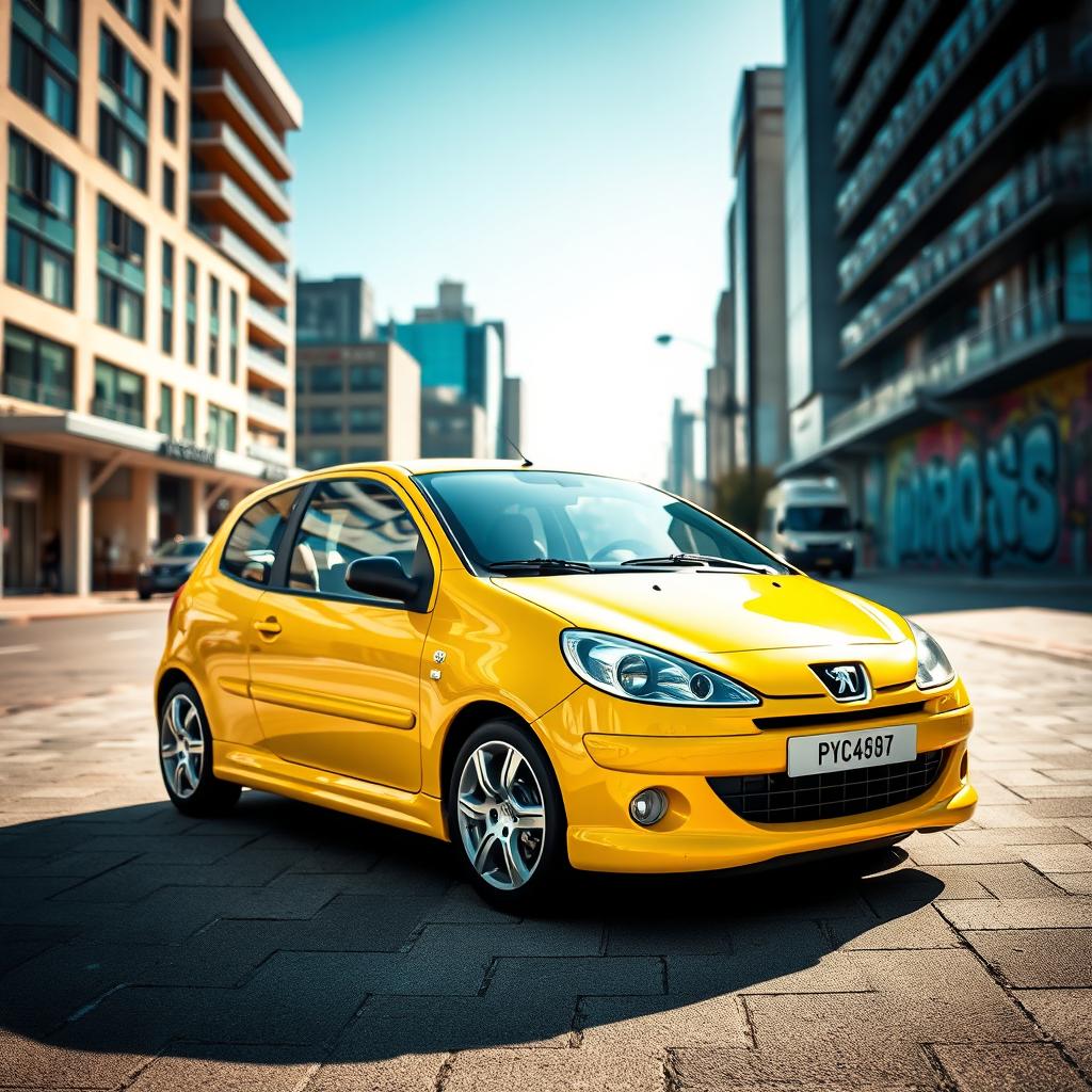 A stunning yellow Peugeot 106 Sport parked in an urban setting, showcasing its sporty essence