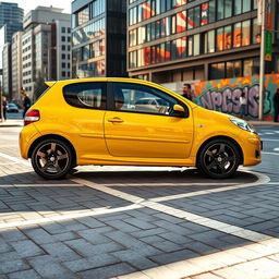 A stunning yellow Peugeot 106 Sport parked in an urban setting, showcasing its sporty essence