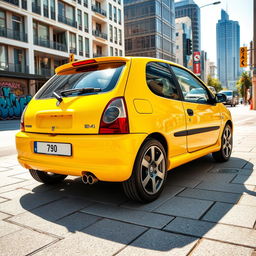 A stunning yellow Peugeot 106 Sport parked in an urban setting, showcasing its sporty essence