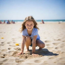A cheerful 10-year-old girl enjoying herself on a sunny beach, sand between her toes, building sandcastles.