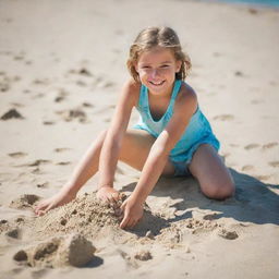 A cheerful 10-year-old girl enjoying herself on a sunny beach, sand between her toes, building sandcastles.