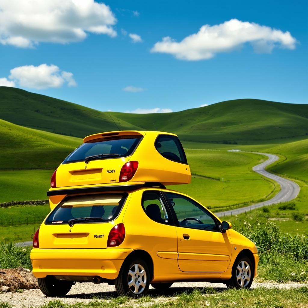 A striking yellow 2002 Peugeot 106 Sport showcased in a picturesque countryside setting