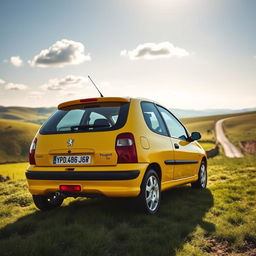 A striking yellow 2002 Peugeot 106 Sport showcased in a picturesque countryside setting