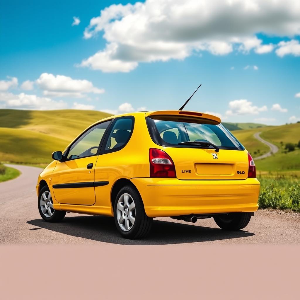 A striking yellow 2002 Peugeot 106 Sport showcased in a picturesque countryside setting