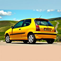 A striking yellow 2002 Peugeot 106 Sport showcased in a picturesque countryside setting