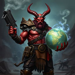 A tiefling barbarian named Gumong Steamfire, appearing as a 32-year-old human, with vibrant red skin, prominent curved horns, and an intense, battle-ready expression