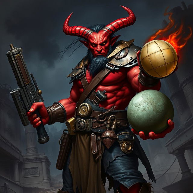 A tiefling barbarian named Gumong Steamfire, appearing as a 32-year-old human, with vibrant red skin, prominent curved horns, and an intense, battle-ready expression