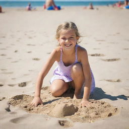 A cheerful 10-year-old girl enjoying herself on a sunny beach, sand between her toes, building sandcastles.