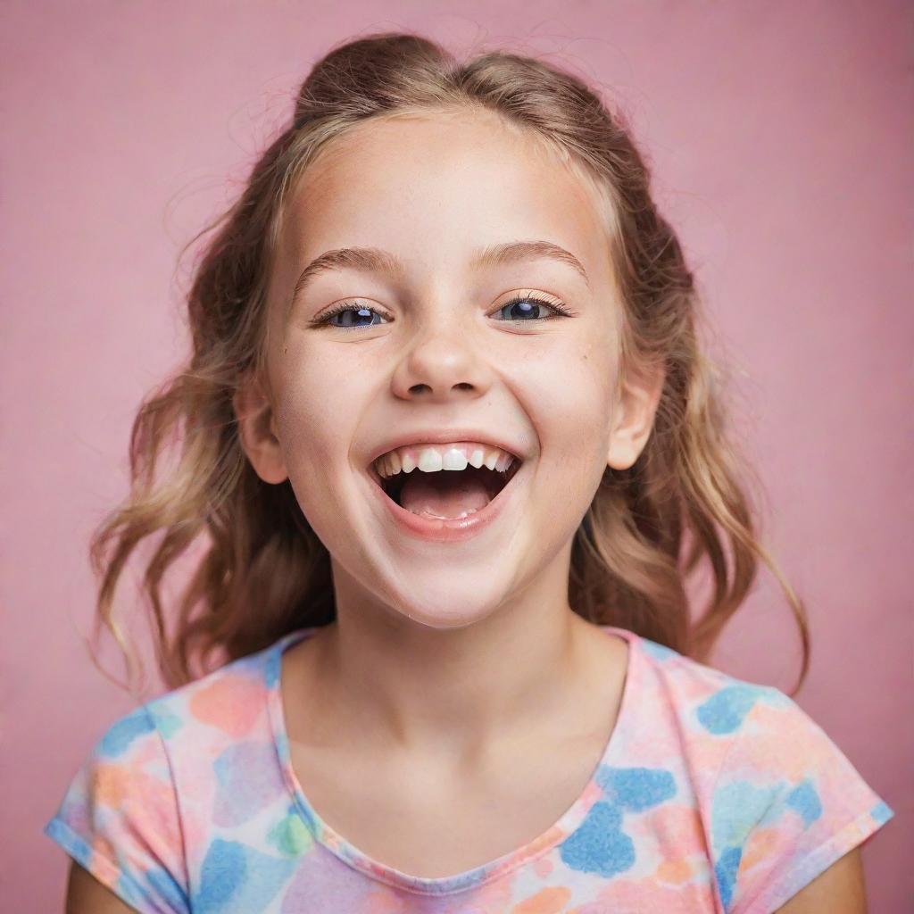 A bubbly 10-year-old girl model, radiating happiness, posing in a bright, fun photoshoot setting.