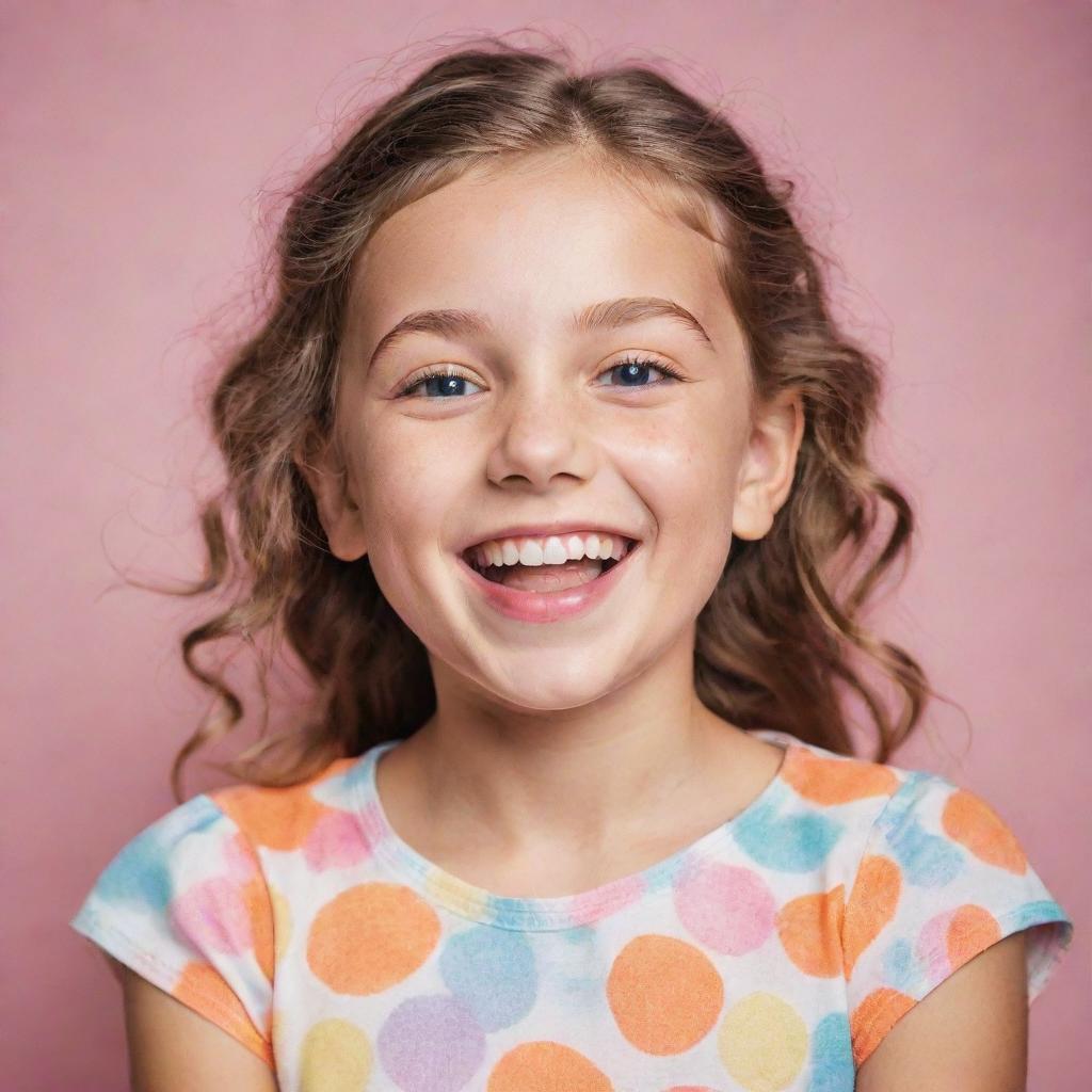 A bubbly 10-year-old girl model, radiating happiness, posing in a bright, fun photoshoot setting.