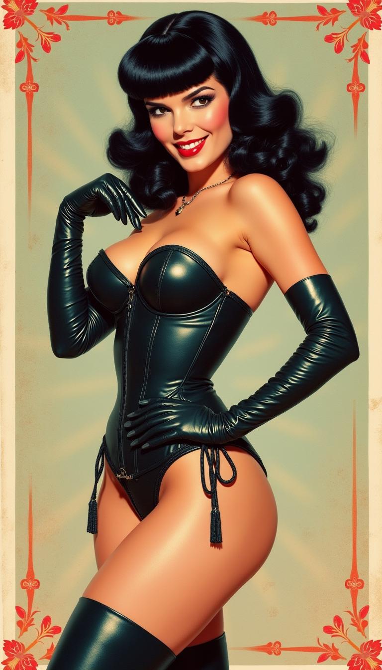 An exquisite 1950s pin-up poster featuring Bettie Page, showcasing her classic style with a playful and alluring demeanor