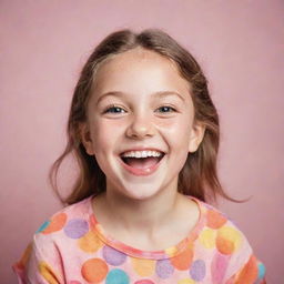 A bubbly 10-year-old girl model, radiating happiness, posing in a bright, fun photoshoot setting.