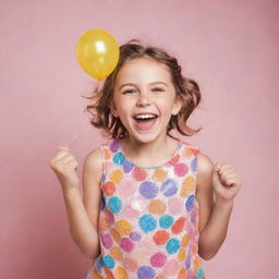 A bubbly 10-year-old girl model, radiating happiness, posing in a bright, fun photoshoot setting.