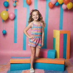 A full-length image of a 10-year-old girl model, radiant with joy in a fun, colorful setting for a photoshoot.