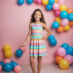 A full-length image of a 10-year-old girl model, radiant with joy in a fun, colorful setting for a photoshoot.