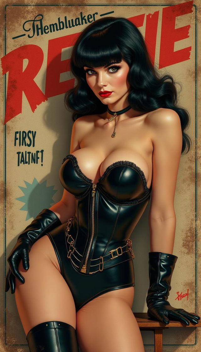 A captivating scene featuring Bettie Page in a vintage 1950s pin-up style, portrayed in a moment of peril