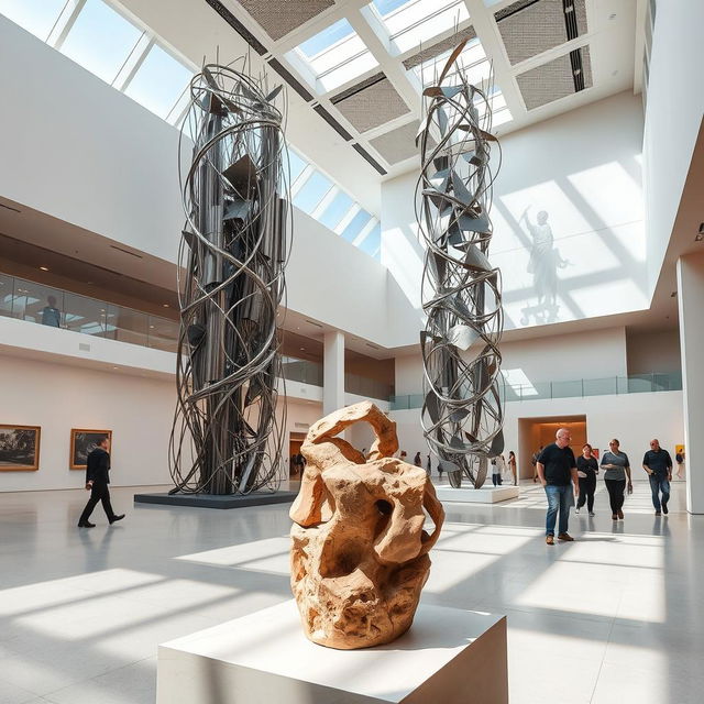 Inside a spacious, modern art museum, there are two striking abstract sculptures on display