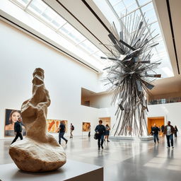 Inside a spacious, modern art museum, there are two striking abstract sculptures on display