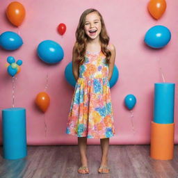 A full-length image of a 10-year-old girl model, radiant with joy in a fun, colorful setting for a photoshoot.