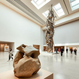 Inside a spacious, modern art museum, there are two striking abstract sculptures on display