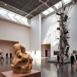 Inside a spacious, modern art museum, there are two striking abstract sculptures on display